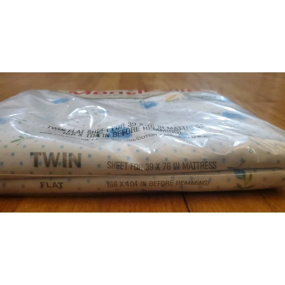 New Vintage Cannon Monticello Blue Roses Dotted Twin Flat Percale Sheet